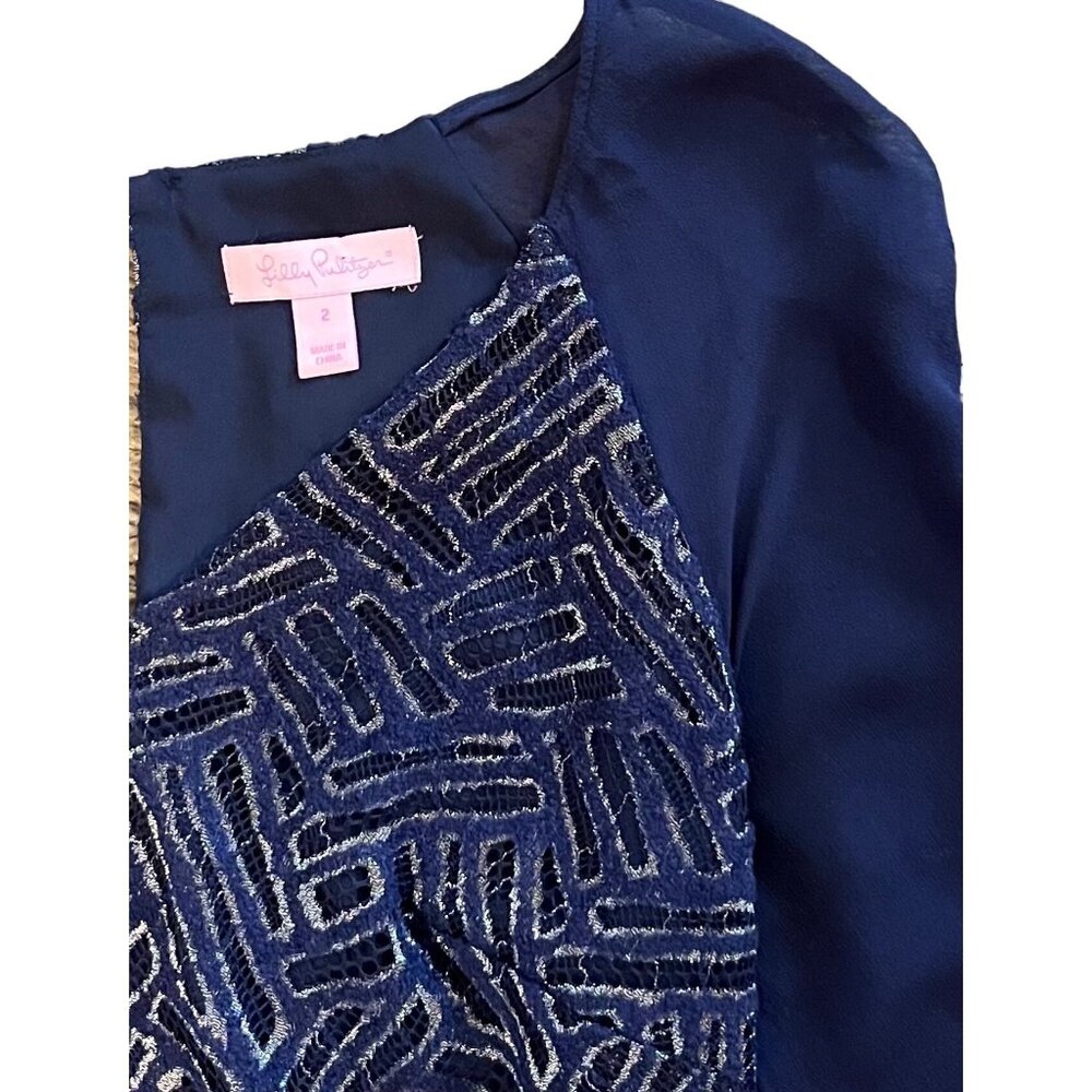 $268 Lilly Pulitzer 2 Carleigh Tunic Dress Bamboo Geo Lace Navy Metallic Silver - Picture 7 of 7